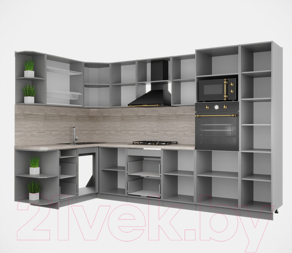 Изображение товара Кухонный гарнитур Интерлиния Мила Деко 1.68x3.2 левая (луна/луна/травертин серый)