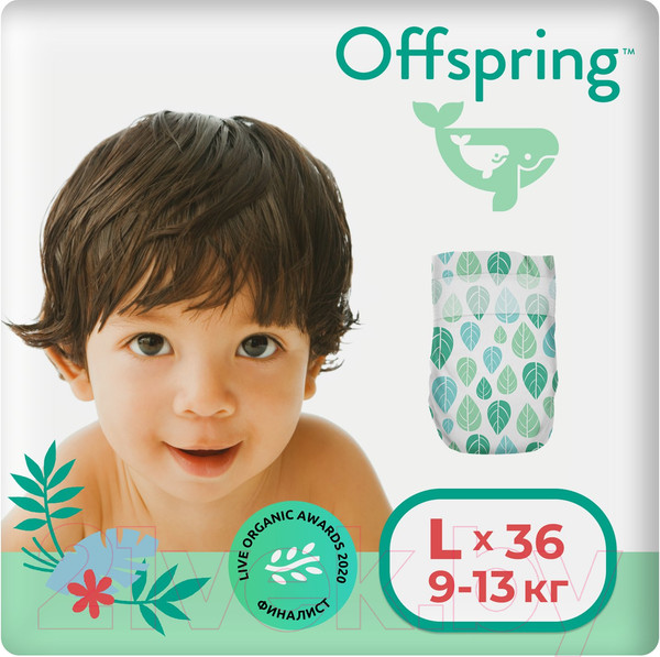Изображение товара Подгузники детские Offspring L 9-13кг Листочки / OF01L36L (36шт)