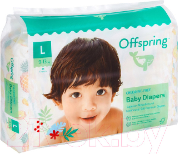 Изображение товара Подгузники детские Offspring L 9-13кг Листочки / OF01L36L (36шт)