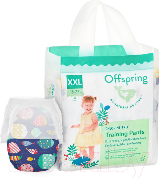 Изображение товара Подгузники-трусики детские Offspring XXL 15-23кг Рыбки / OF02XXLF (24шт)