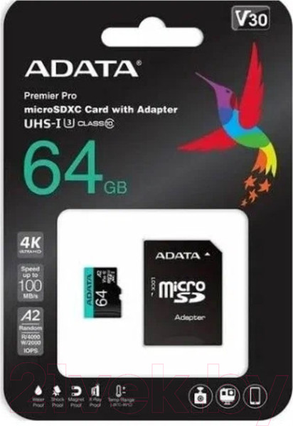 Изображение товара Карта памяти A-data Premier Pro microSDXC 64GB с адаптером (AUSDX64GUI3V30SA2-RA1)