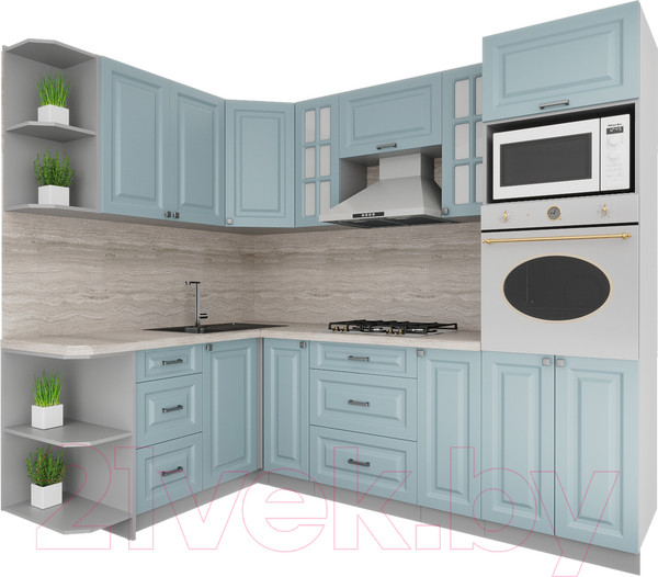 Изображение товара Кухонный гарнитур Интерлиния Мила Деко 1.68x2.4 левая (океан/океан/травертин серый)