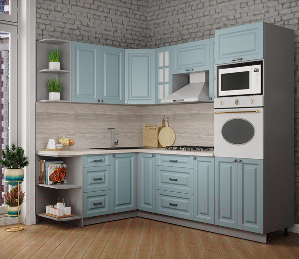 Изображение товара Кухонный гарнитур Интерлиния Мила Деко 1.68x2.4 левая (океан/океан/травертин серый)