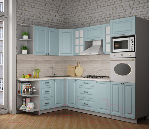 Изображение товара Кухонный гарнитур Интерлиния Мила Деко 1.68x2.6 левая (океан/океан/травертин серый)