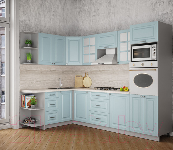 Изображение товара Кухонный гарнитур Интерлиния Мила Деко 1.68x2.8 левая (океан/океан/травертин серый)