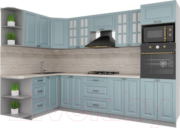 Изображение товара Кухонный гарнитур Интерлиния Мила Деко 1.68x3.0 левая (океан/океан/травертин серый)