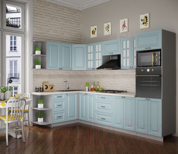 Изображение товара Кухонный гарнитур Интерлиния Мила Деко 1.68x3.0 левая (океан/океан/травертин серый)