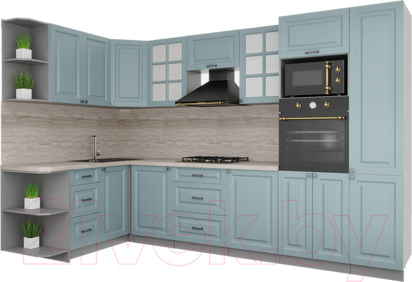 Изображение товара Кухонный гарнитур Интерлиния Мила Деко 1.68x3.2 левая (океан/океан/травертин серый)