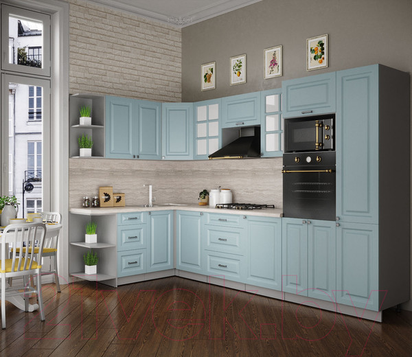 Изображение товара Кухонный гарнитур Интерлиния Мила Деко 1.68x3.2 левая (океан/океан/травертин серый)