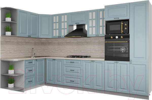 Изображение товара Кухонный гарнитур Интерлиния Мила Деко 1.68x3.4 левая (океан/океан/травертин серый)