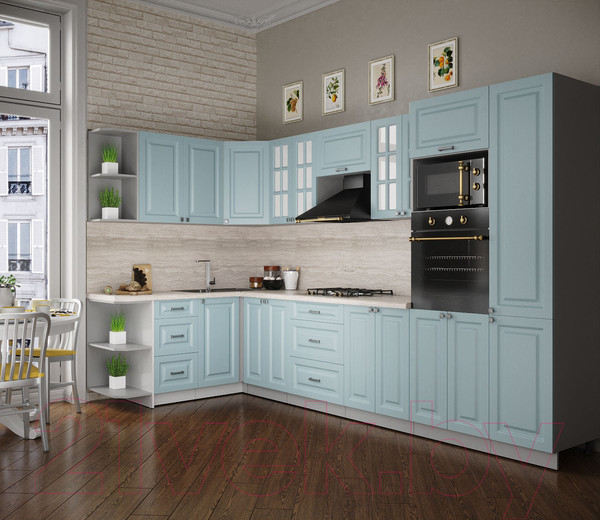 Изображение товара Кухонный гарнитур Интерлиния Мила Деко 1.68x3.4 левая (океан/океан/травертин серый)