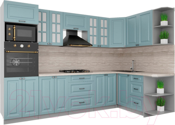 Изображение товара Кухонный гарнитур Интерлиния Мила Деко 1.68x3.0 правая (океан/океан/травертин серый)