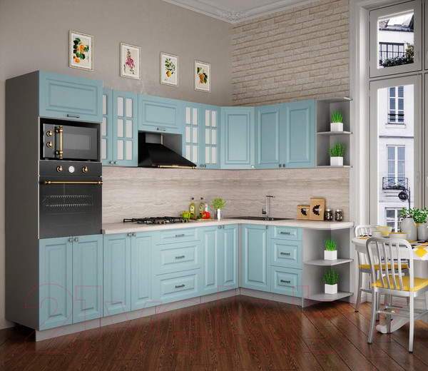 Изображение товара Кухонный гарнитур Интерлиния Мила Деко 1.68x3.0 правая (океан/океан/травертин серый)