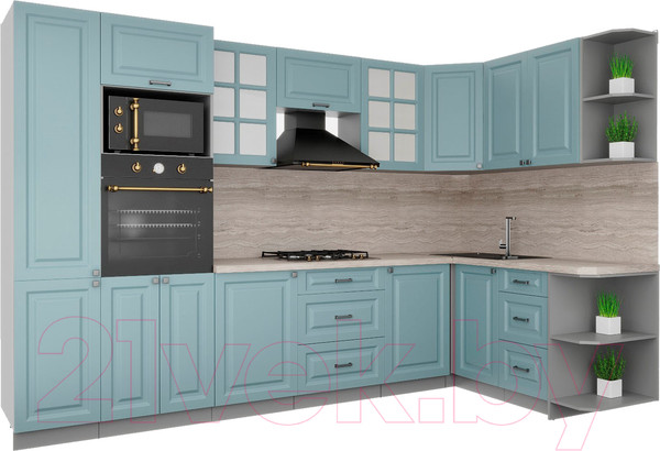 Изображение товара Кухонный гарнитур Интерлиния Мила Деко 1.68x3.2 правая (океан/океан/травертин серый)