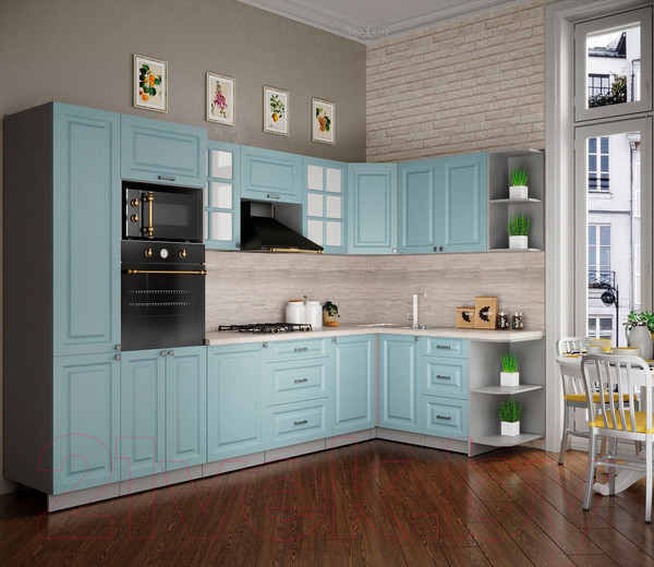 Изображение товара Кухонный гарнитур Интерлиния Мила Деко 1.68x3.2 правая (океан/океан/травертин серый)