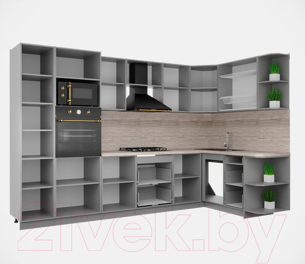 Изображение товара Кухонный гарнитур Интерлиния Мила Деко 1.68x3.2 правая (океан/океан/травертин серый)