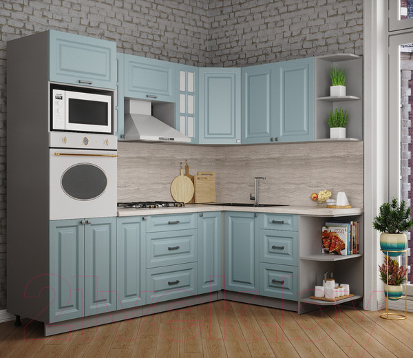 Изображение товара Кухонный гарнитур Интерлиния Мила Деко 1.68x2.4 правая (океан/океан/травертин серый)