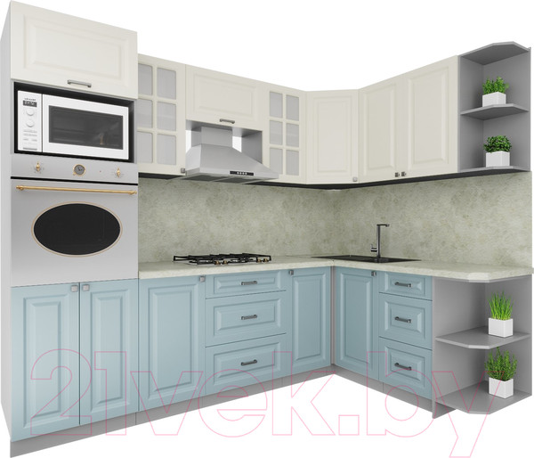 Изображение товара Кухонный гарнитур Интерлиния Мила Деко 1.68x2.6 правая (слоновая кость/океан/опал светлый)