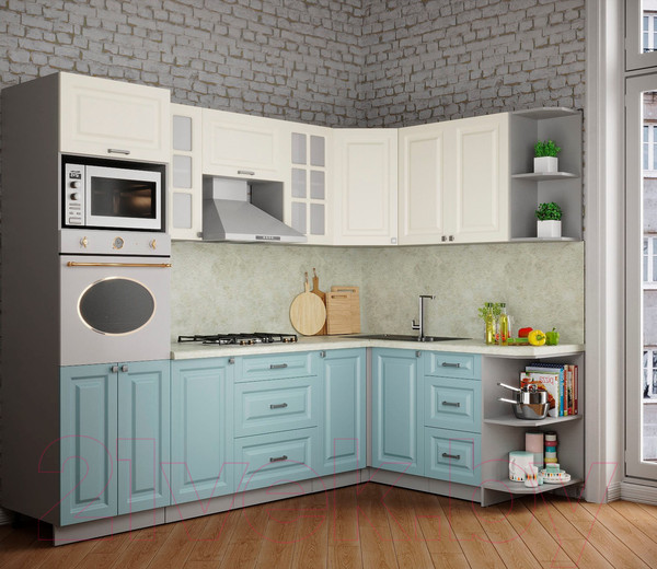 Изображение товара Кухонный гарнитур Интерлиния Мила Деко 1.68x2.6 правая (слоновая кость/океан/опал светлый)