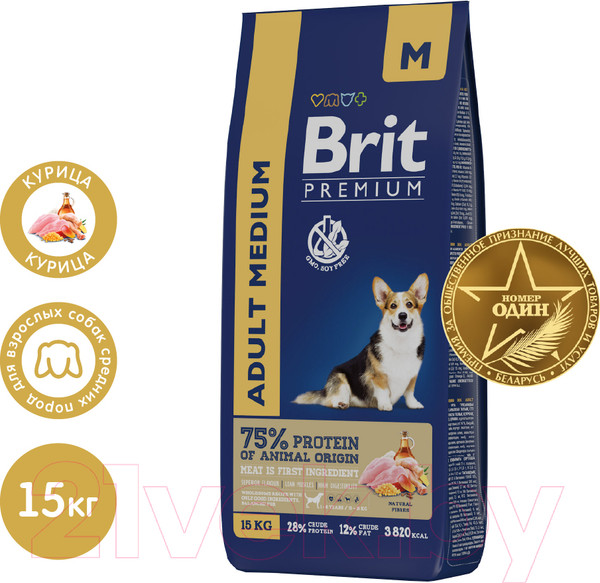 Изображение товара Сухой корм для собак Brit Premium Dog Adult Medium с курицей / 5049967 (15кг)