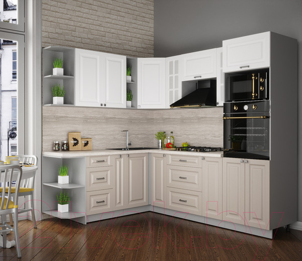 Изображение товара Кухонный гарнитур Интерлиния Мила Деко 1.88x2.4 левая (белый/луна/травертин серый)