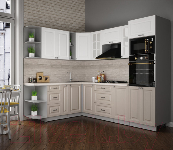 Изображение товара Кухонный гарнитур Интерлиния Мила Деко 1.88x2.6 левая (белый/луна/травертин серый)