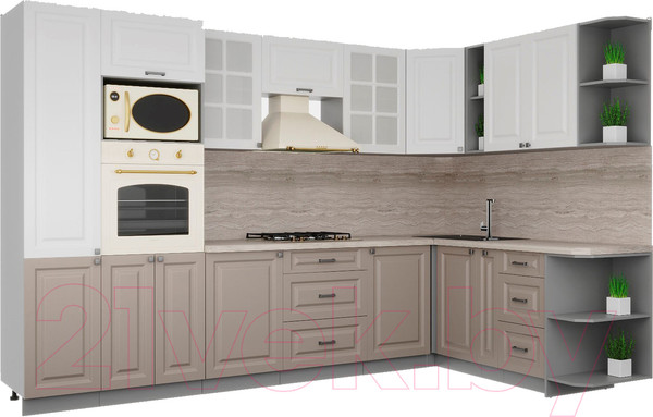 Изображение товара Кухонный гарнитур Интерлиния Мила Деко 1.88x3.2 правая (белый/луна/травертин серый)