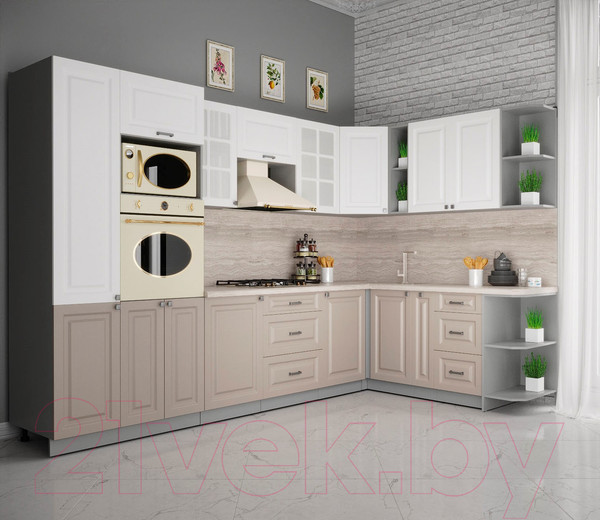 Изображение товара Кухонный гарнитур Интерлиния Мила Деко 1.88x3.2 правая (белый/луна/травертин серый)