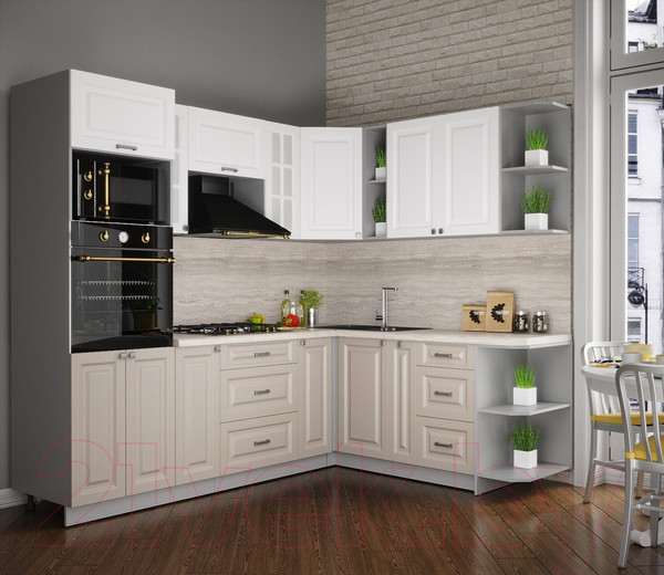 Изображение товара Кухонный гарнитур Интерлиния Мила Деко 1.88x2.4 правая (белый/луна/травертин серый)