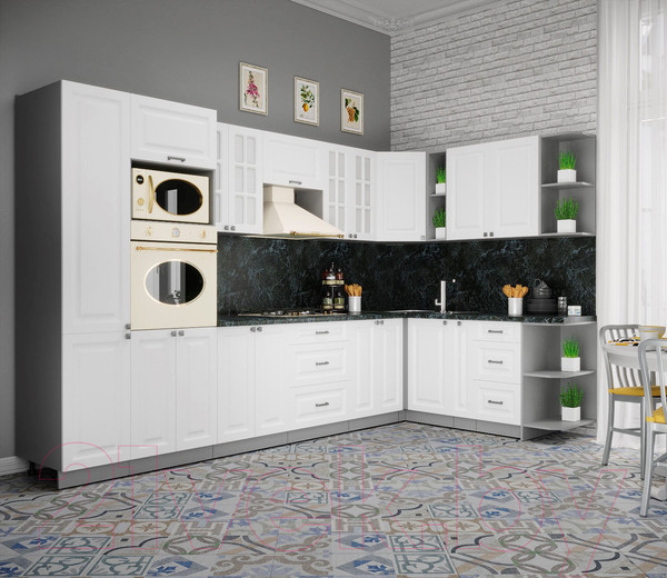 Изображение товара Кухонный гарнитур Интерлиния Мила Деко 1.88x3.4 правая (белый/белый/кастилло темный)