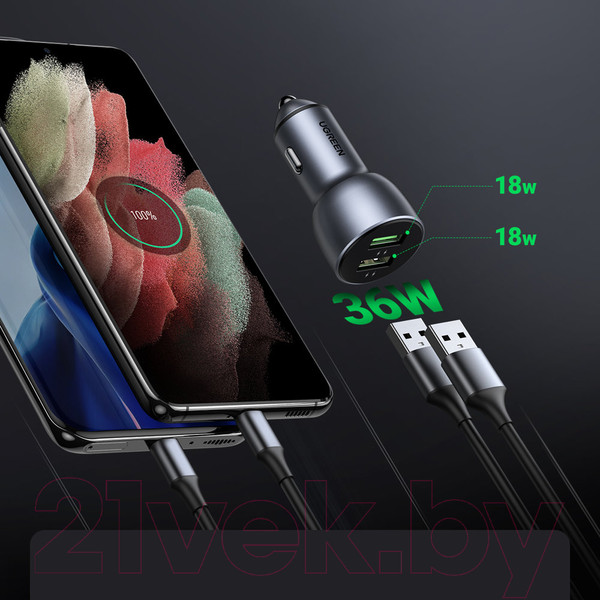 Изображение товара Зарядное устройство автомобильное Ugreen CD213 / 10144 (серый)