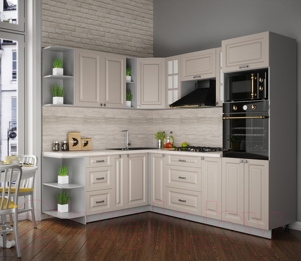 Изображение товара Кухонный гарнитур Интерлиния Мила Деко 1.88x2.4 левая (луна/луна/травертин серый)