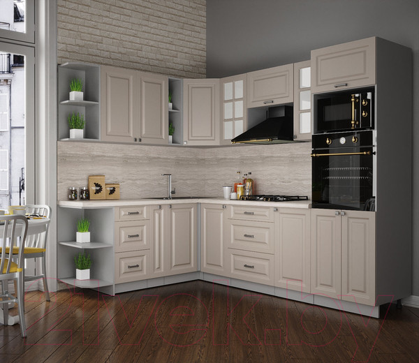 Изображение товара Кухонный гарнитур Интерлиния Мила Деко 1.88x2.6 левая (луна/луна/травертин серый)