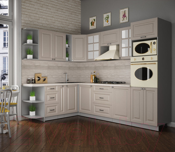 Изображение товара Кухонный гарнитур Интерлиния Мила Деко 1.88x2.8 левая (луна/луна/травертин серый)