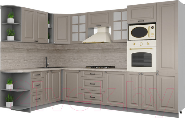 Изображение товара Кухонный гарнитур Интерлиния Мила Деко 1.88x3.2 левая (луна/луна/травертин серый)