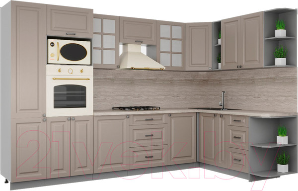 Изображение товара Кухонный гарнитур Интерлиния Мила Деко 1.88x3.2 правая (луна/луна/травертин серый)