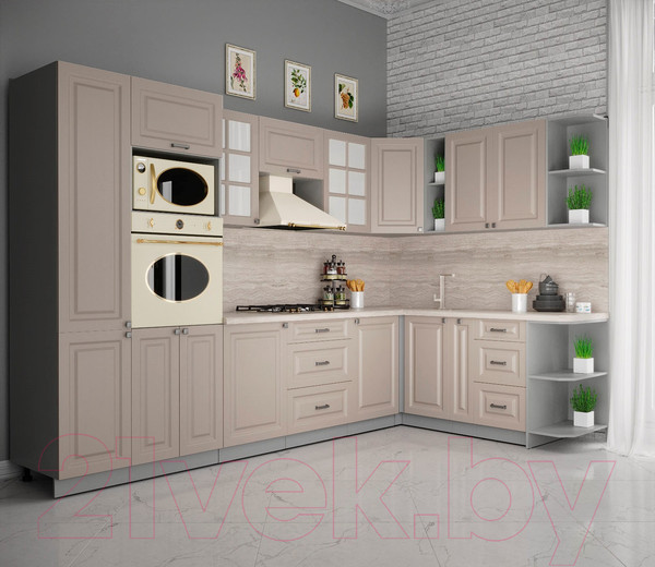 Изображение товара Кухонный гарнитур Интерлиния Мила Деко 1.88x3.2 правая (луна/луна/травертин серый)