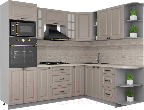 Изображение товара Кухонный гарнитур Интерлиния Мила Деко 1.88x2.4 правая (луна/луна/травертин серый)