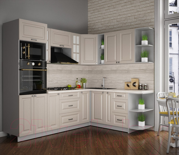 Изображение товара Кухонный гарнитур Интерлиния Мила Деко 1.88x2.4 правая (луна/луна/травертин серый)