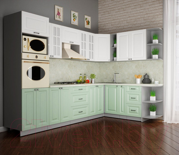 Изображение товара Кухонный гарнитур Интерлиния Мила Деко 1.88x3.0 правая (белый/мята/опал светлый)