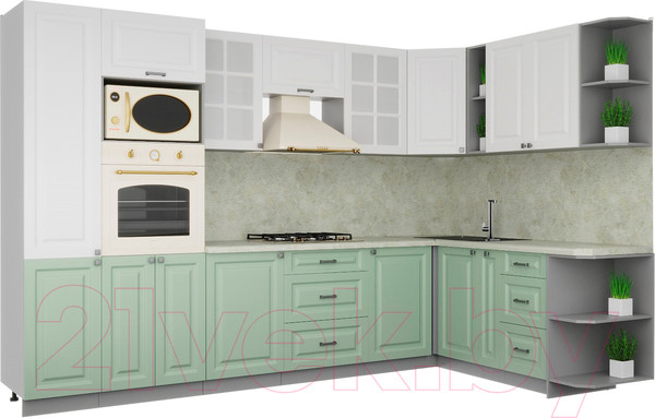 Изображение товара Кухонный гарнитур Интерлиния Мила Деко 1.88x3.2 правая (белый/мята/опал светлый)