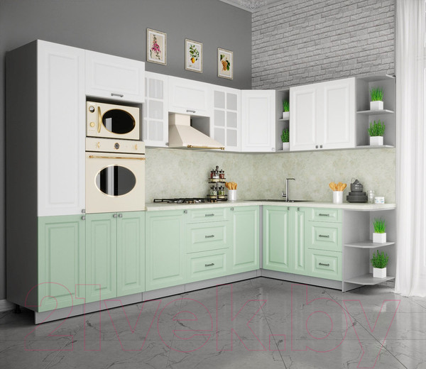 Изображение товара Кухонный гарнитур Интерлиния Мила Деко 1.88x3.2 правая (белый/мята/опал светлый)