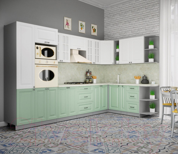 Изображение товара Кухонный гарнитур Интерлиния Мила Деко 1.88x3.4 правая (белый/мята/опал светлый)