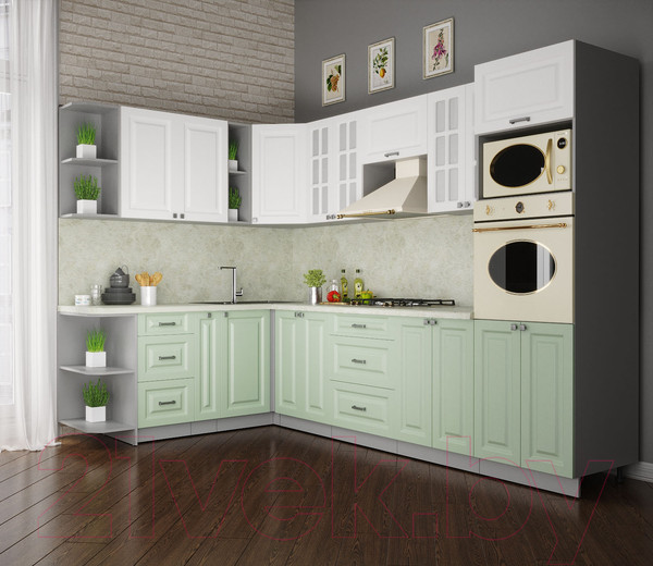 Изображение товара Кухонный гарнитур Интерлиния Мила Деко 1.88x3.0 левая (белый/мята/опал светлый)