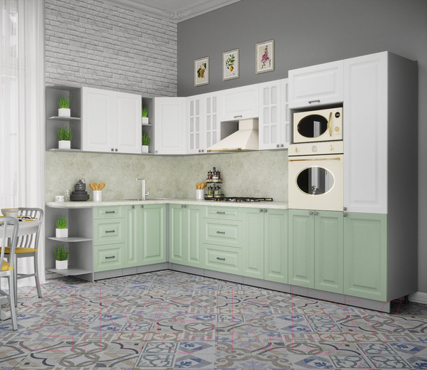 Изображение товара Кухонный гарнитур Интерлиния Мила Деко 1.88x3.4 левая (белый/мята/опал светлый)