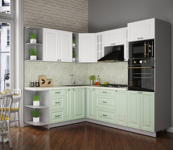 Изображение товара Кухонный гарнитур Интерлиния Мила Деко 1.88x2.4 левая (белый/мята/опал светлый)