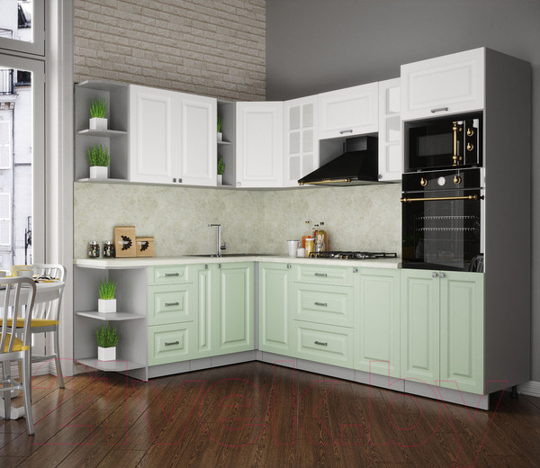 Изображение товара Кухонный гарнитур Интерлиния Мила Деко 1.88x2.6 левая (белый/мята/опал светлый)