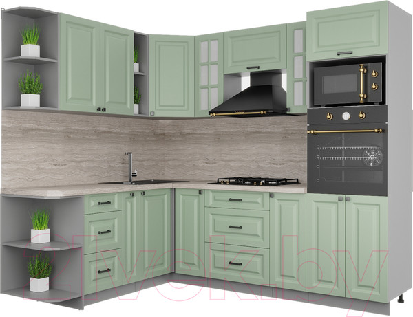 Изображение товара Кухонный гарнитур Интерлиния Мила Деко 1.88x2.4 левая (мята/мята/травертин серый)