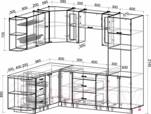 Изображение товара Кухонный гарнитур Интерлиния Мила Деко 1.88x2.4 левая (мята/мята/травертин серый)