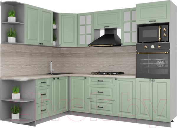 Изображение товара Кухонный гарнитур Интерлиния Мила Деко 1.88x2.6 левая (мята/мята/травертин серый)